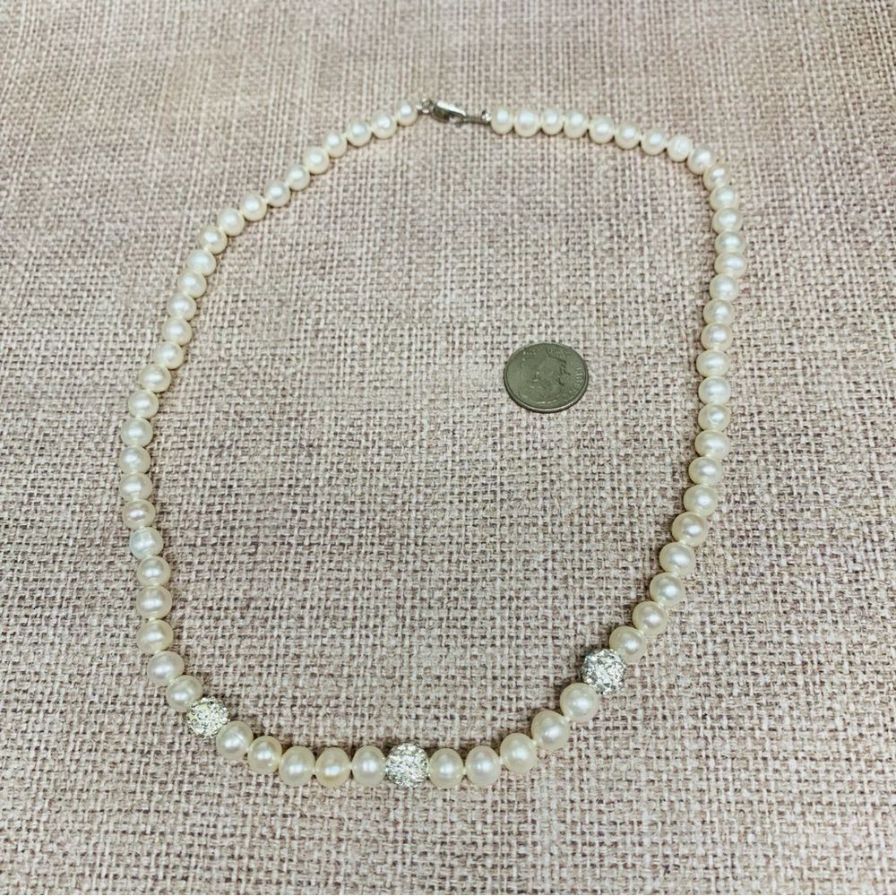 IPS Sterling Silver Genuine Pearl and‎ Crystal Bead Necklace